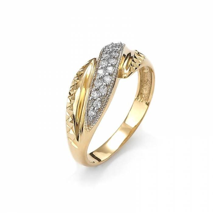 Złoty pierścionek z cyrkoniami i grawerowanym wzorem