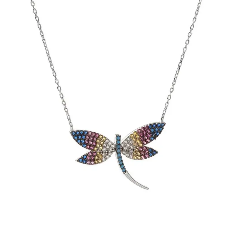 Naszyjnik srebrna ważka z kolorowymi kamieniami